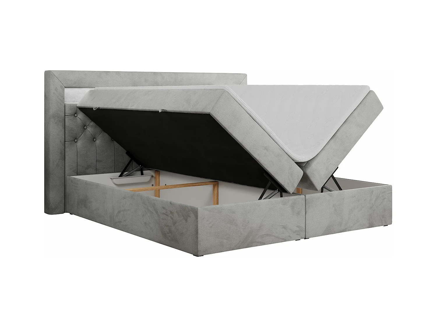 Boxspringbett GOLD 6, Doppelbett mit Stauraum, LED-Beleuchtung, gesteppte Kopfstütze - 200x200 cm - H4 - Hellgrau Velvet