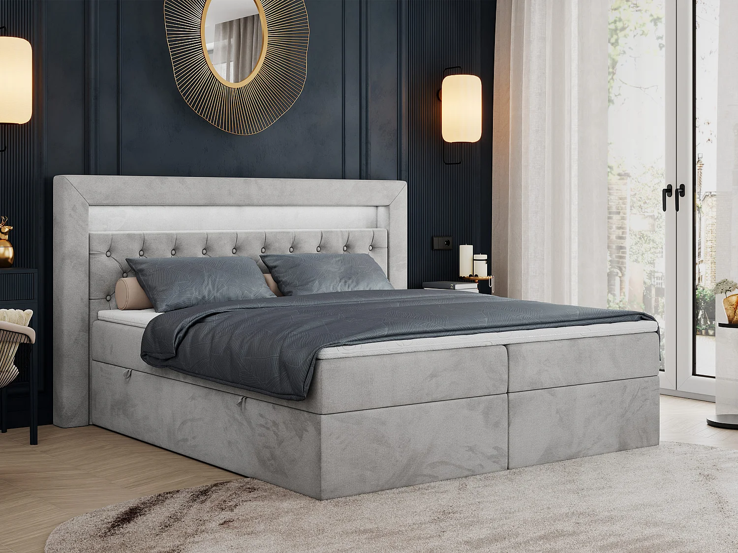 Boxspringbett GOLD 6, Doppelbett mit Stauraum, LED-Beleuchtung, gesteppte Kopfstütze - 200x200 cm - H4 - Hellgrau Velvet