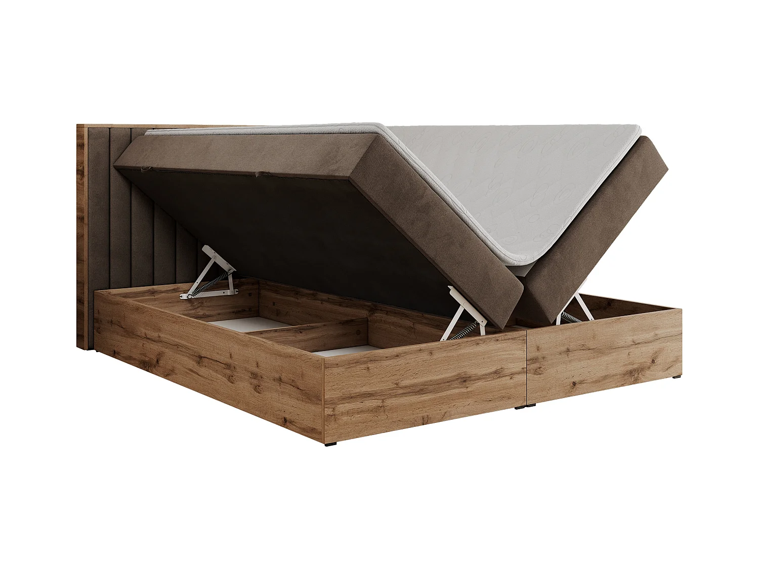 Boxspringbett ALBERO 4, Eiche Wotan Holzrahmen, mit Stauraum, genähtes Kopfteil - 180x200 cm - H4 - Braun Velvet