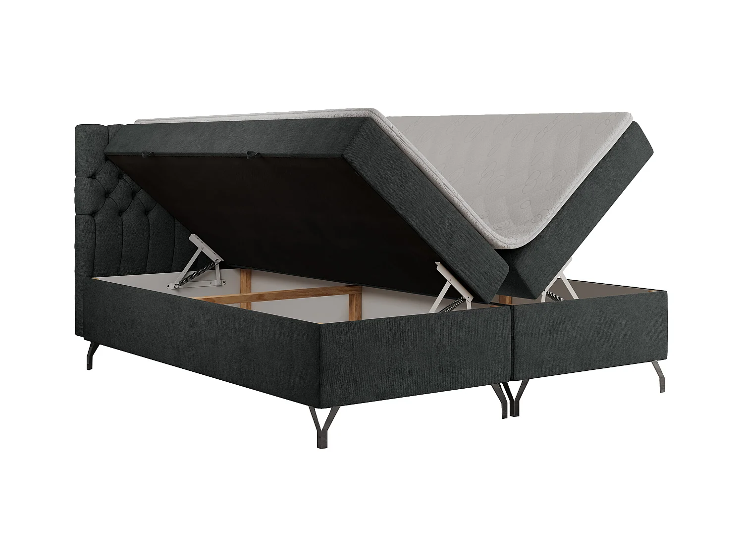 Boxspringbett GRIMALDI mit zwei Bettkästen, gesteppter Kopfstütze, Metallfüßen - 160x200 cm - H3 - Dunkelgrau Strukture
