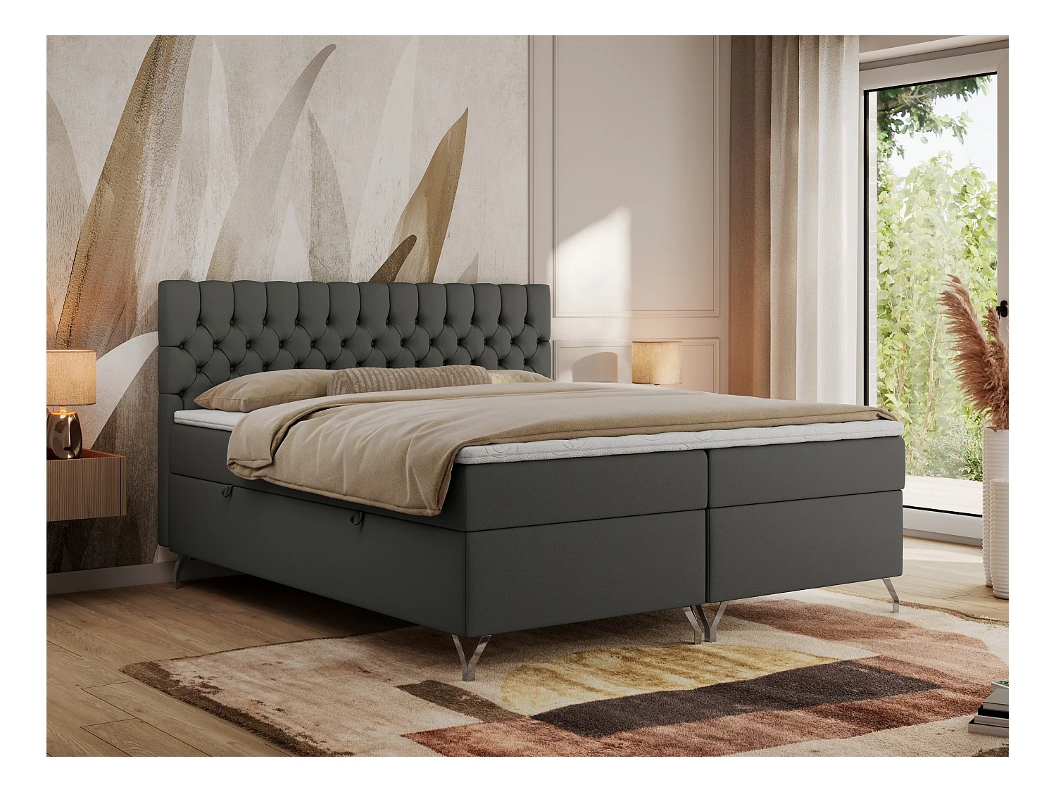 Boxspringbett GRIMALDI mit zwei Bettkästen, gesteppter Kopfstütze, Metallfüßen - 200x200 cm - H4 - Dunkelgrau Kunstleder