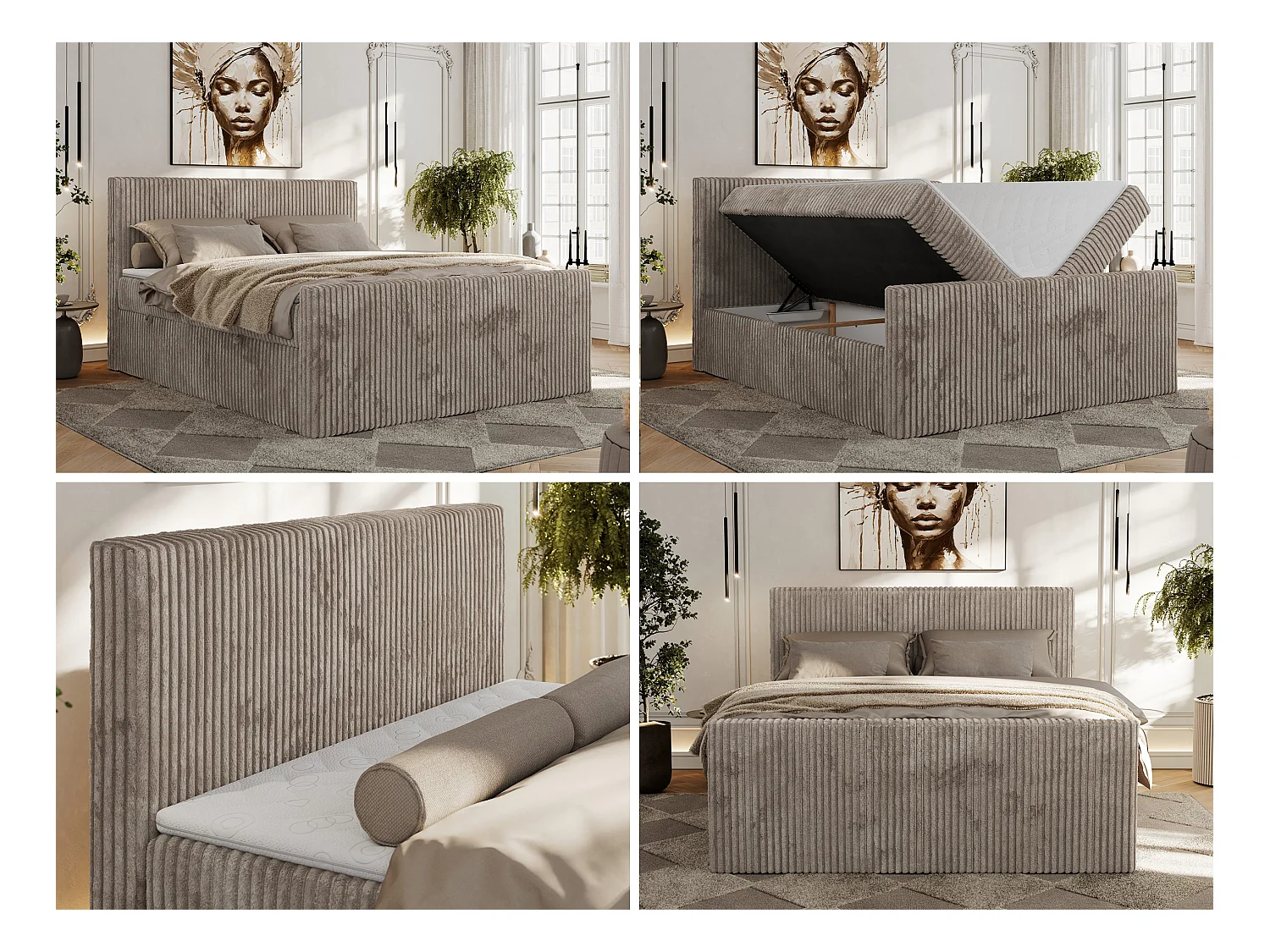 Boxspringbett TILIANO DUO mit gepolstertem Fußteil, Cord Bett, Multipocket-Matratze - 200x200 cm - H4 - Hellbraun Cord