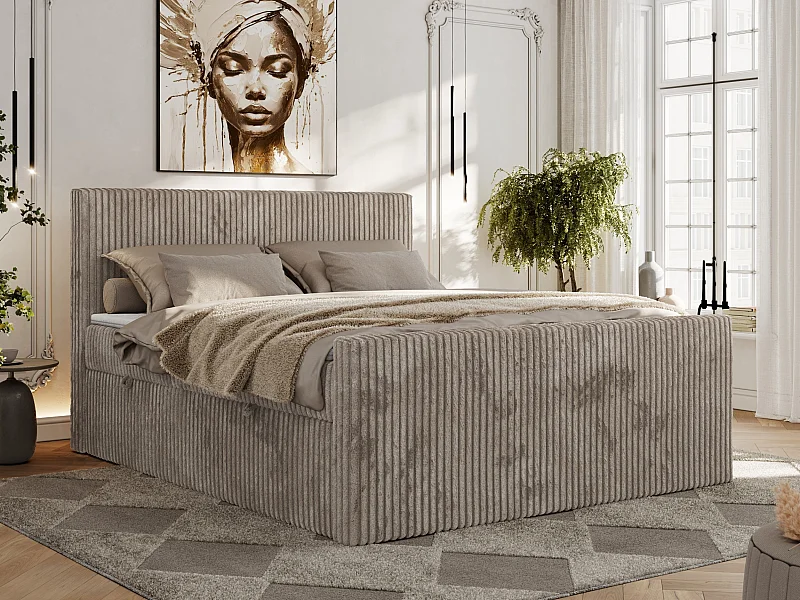 Boxspringbett TILIANO DUO mit gepolstertem Fußteil, Cord Bett, Multipocket-Matratze - 200x200 cm - H4 - Hellbraun Cord