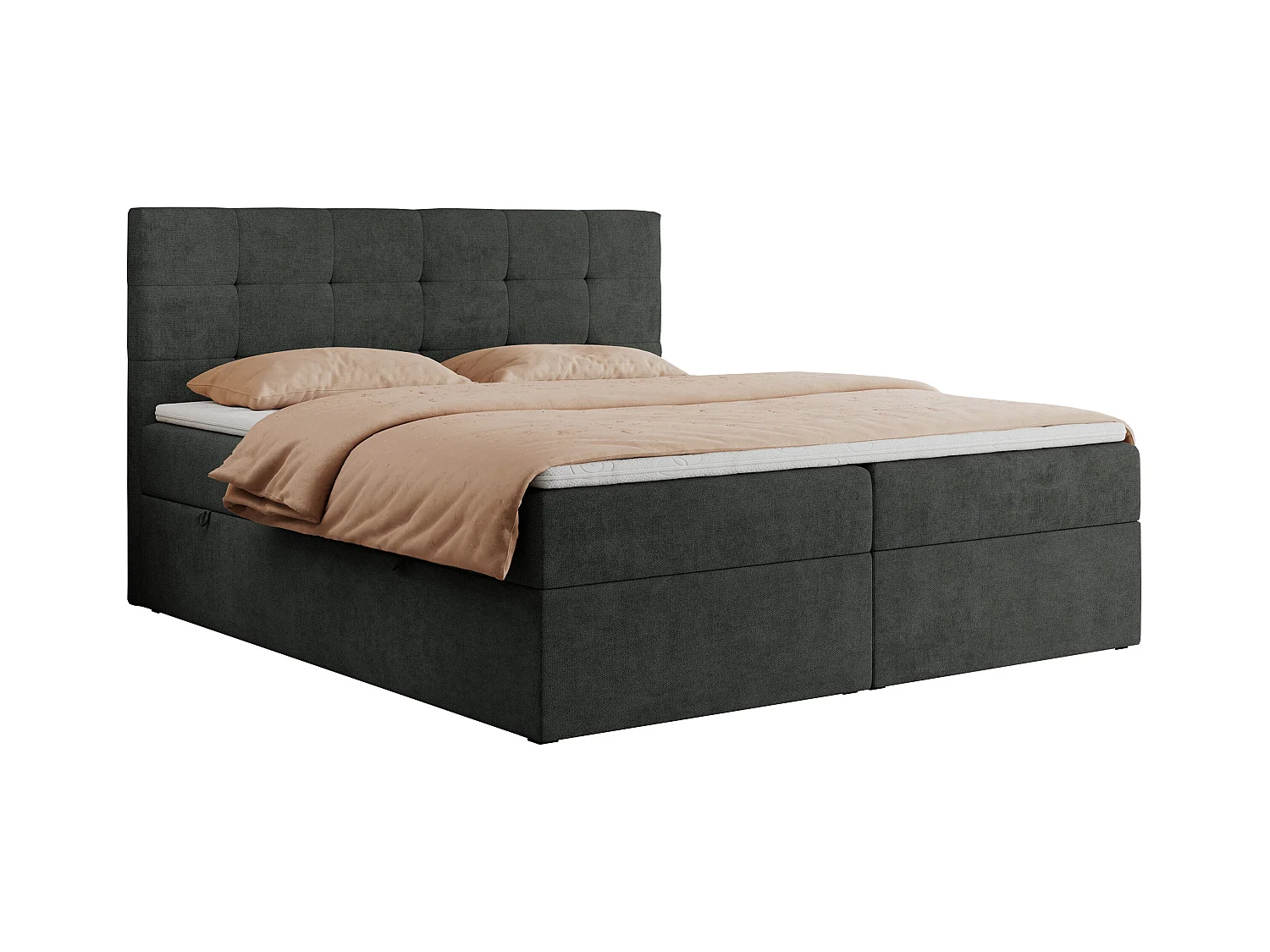 Boxspringbett CENTOS mit gestepptem Kopfteil, Multipocket-Matratze, Doppelbett mit Stauraum - 160x200 cm - H3 - Dunkelgrau Struktur