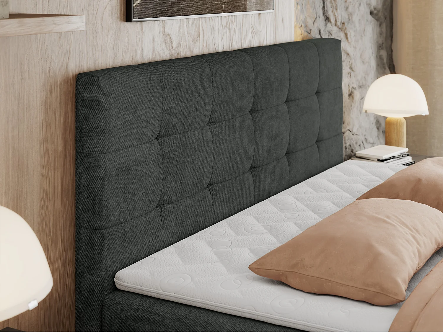 Boxspringbett CENTOS mit gestepptem Kopfteil, Multipocket-Matratze, Doppelbett mit Stauraum - 160x200 cm - H3 - Dunkelgrau Struktur