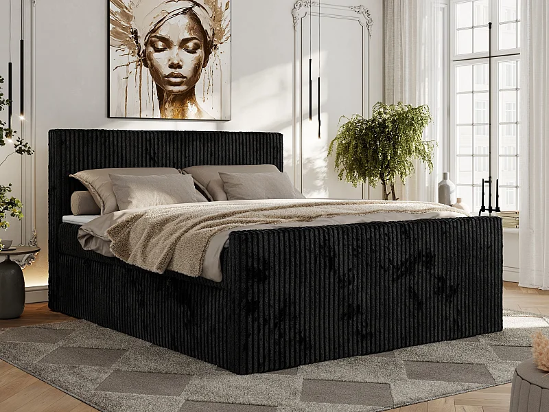 Boxspringbett TILIANO DUO mit gepolstertem Fußteil, Cord Bett, Multipocket-Matratze - 200x200 cm - H4 - Schwarz Cord