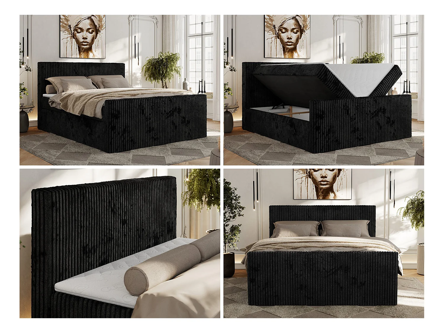 Boxspringbett TILIANO DUO mit gepolstertem Fußteil, Cord Bett, Multipocket-Matratze - 200x200 cm - H4 - Schwarz Cord