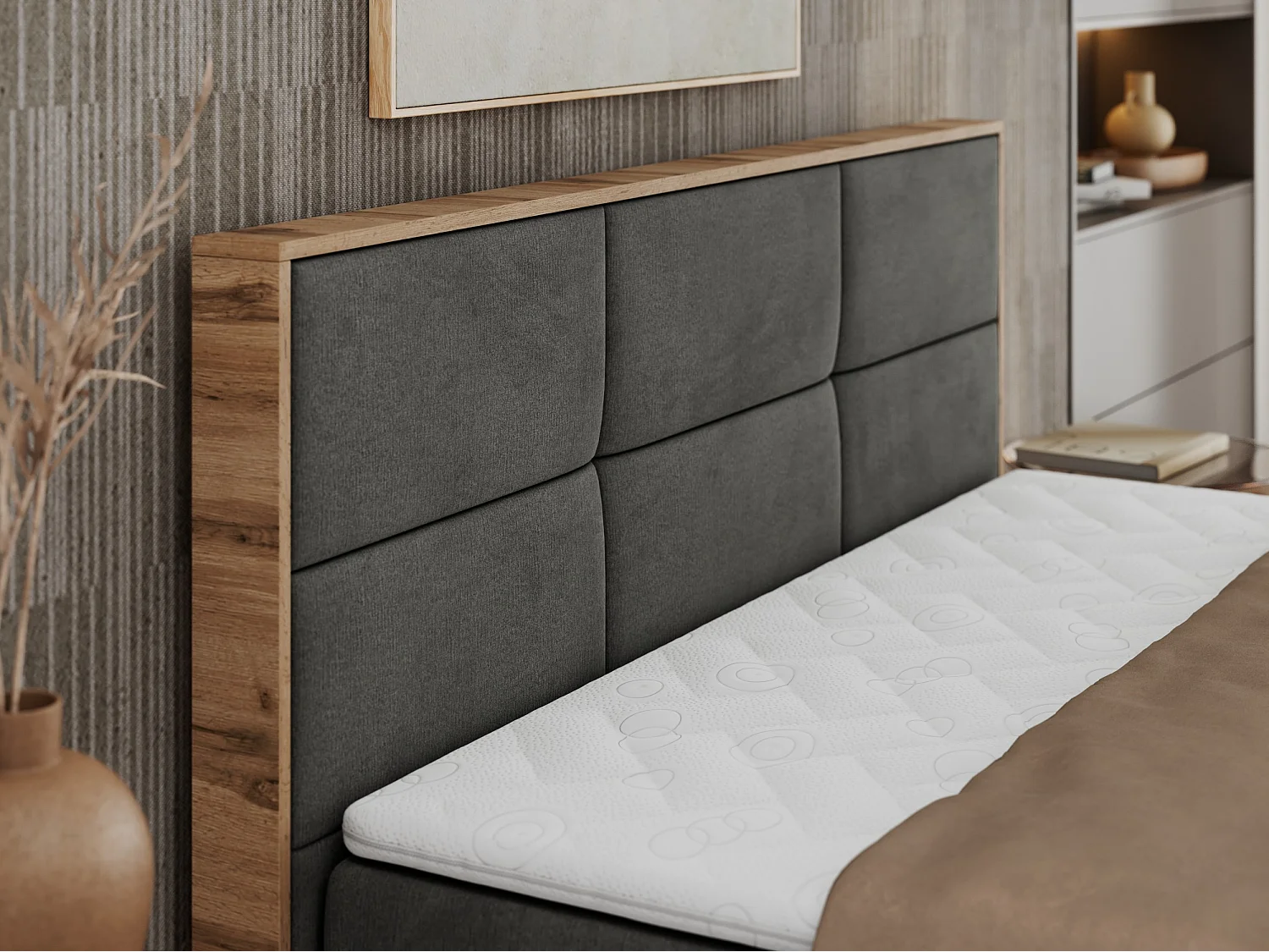 Boxspringbett ALBERO 2 mit Topper und Multipocket-Matratze, Stauraum, Holzrahmen - 180x200 cm - H4 - Dunkelgrau Velvet