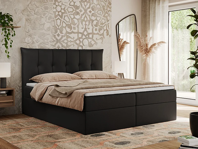 Boxspringbett PREMIUM 10 mit Multipocket-Matratze, gesteppte Kopfstütze, zwei Bettkästen - 140x200 cm - H3 - Schwarz Kunstleder
