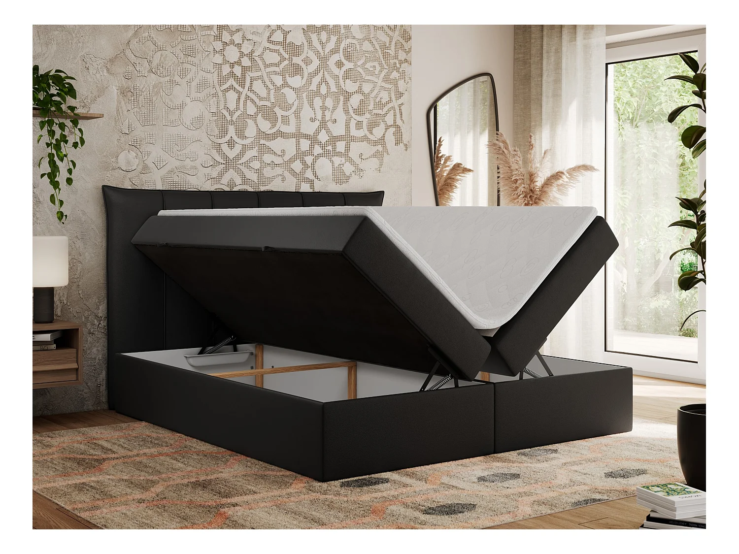 Boxspringbett PREMIUM 10 mit Multipocket-Matratze, gesteppte Kopfstütze, zwei Bettkästen - 140x200 cm - H3 - Schwarz Kunstleder