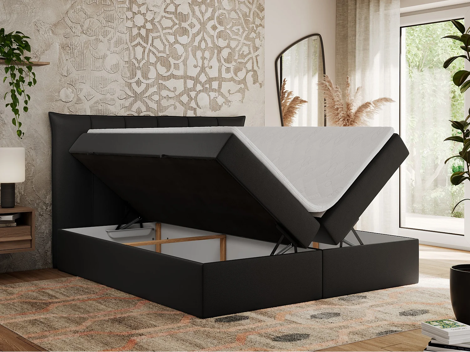 Boxspringbett PREMIUM 10 mit Multipocket-Matratze, gesteppte Kopfstütze, zwei Bettkästen - 140x200 cm - H3 - Schwarz Kunstleder