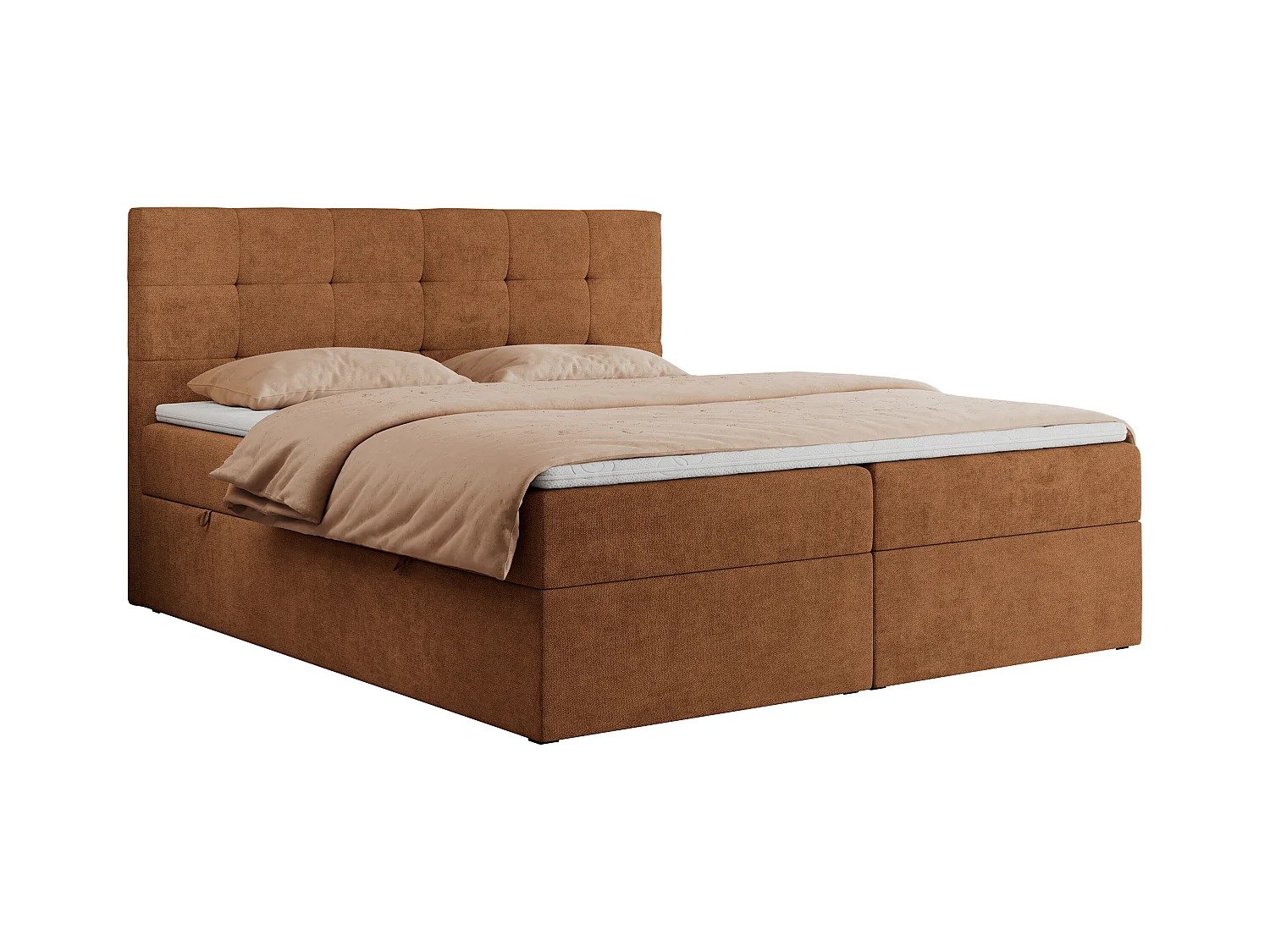 Boxspringbett CENTOS mit gestepptem Kopfteil, Multipocket-Matratze, Doppelbett mit Stauraum - 120x200 cm - H4 - Orange Struktur