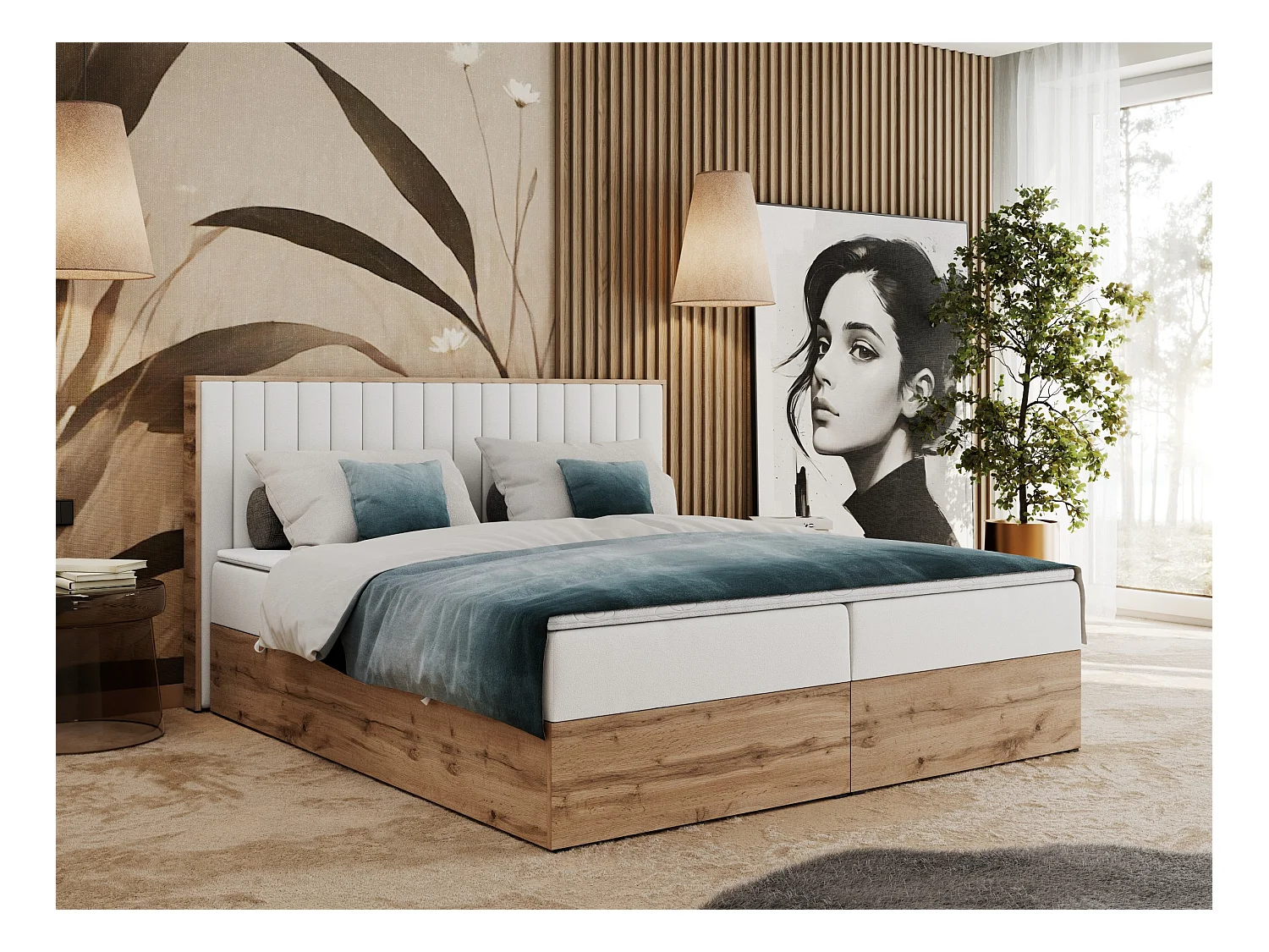 Boxspringbett ALBERO 4, Eiche Wotan Holzrahmen, mit Stauraum, genähtes Kopfteil - 160x200 cm - H4 - Weiß Kunstleder