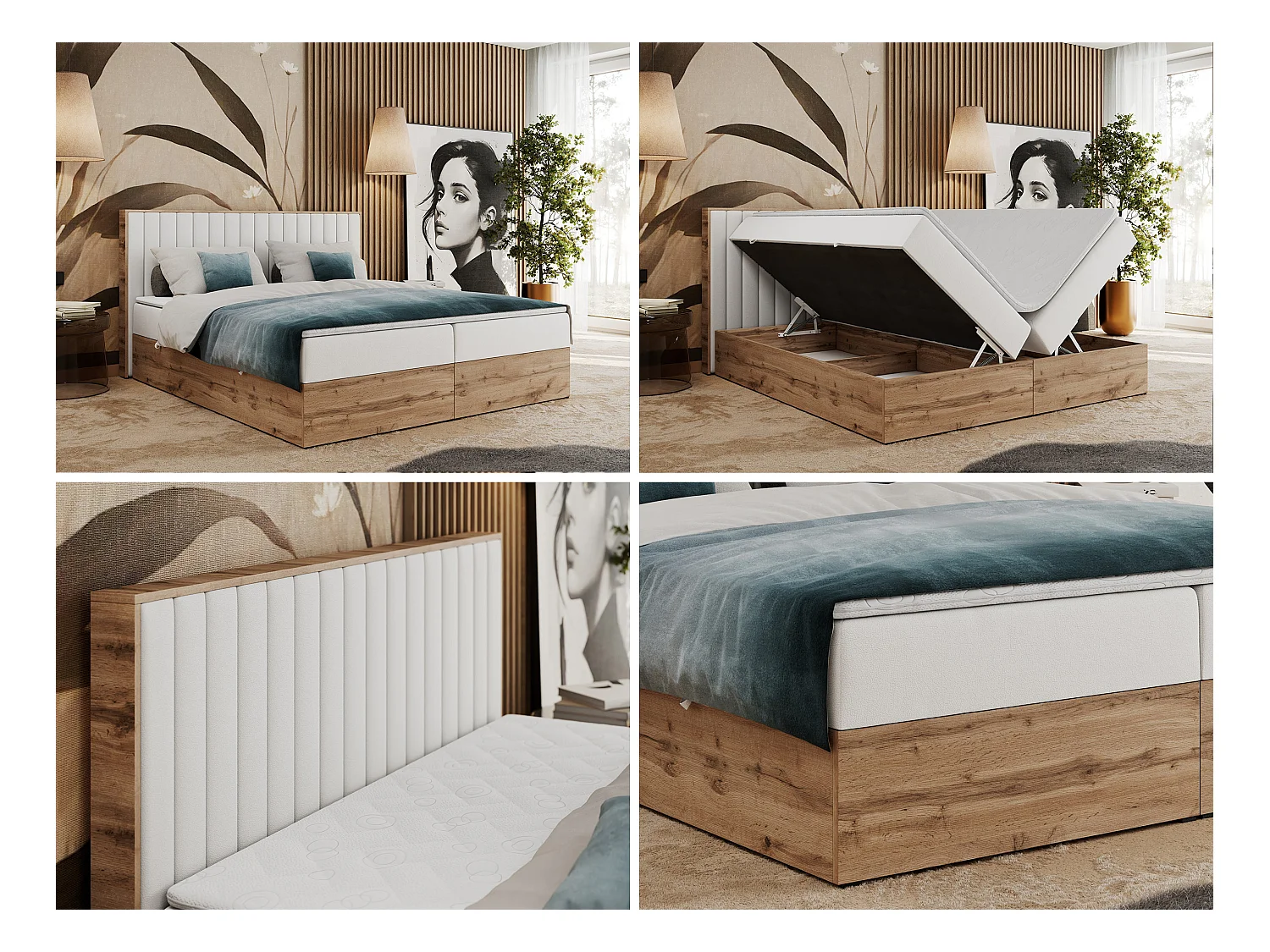 Boxspringbett ALBERO 4, Eiche Wotan Holzrahmen, mit Stauraum, genähtes Kopfteil - 160x200 cm - H4 - Weiß Kunstleder