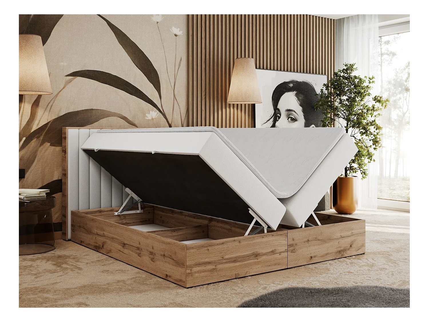 Boxspringbett ALBERO 4, Eiche Wotan Holzrahmen, mit Stauraum, genähtes Kopfteil - 160x200 cm - H4 - Weiß Kunstleder