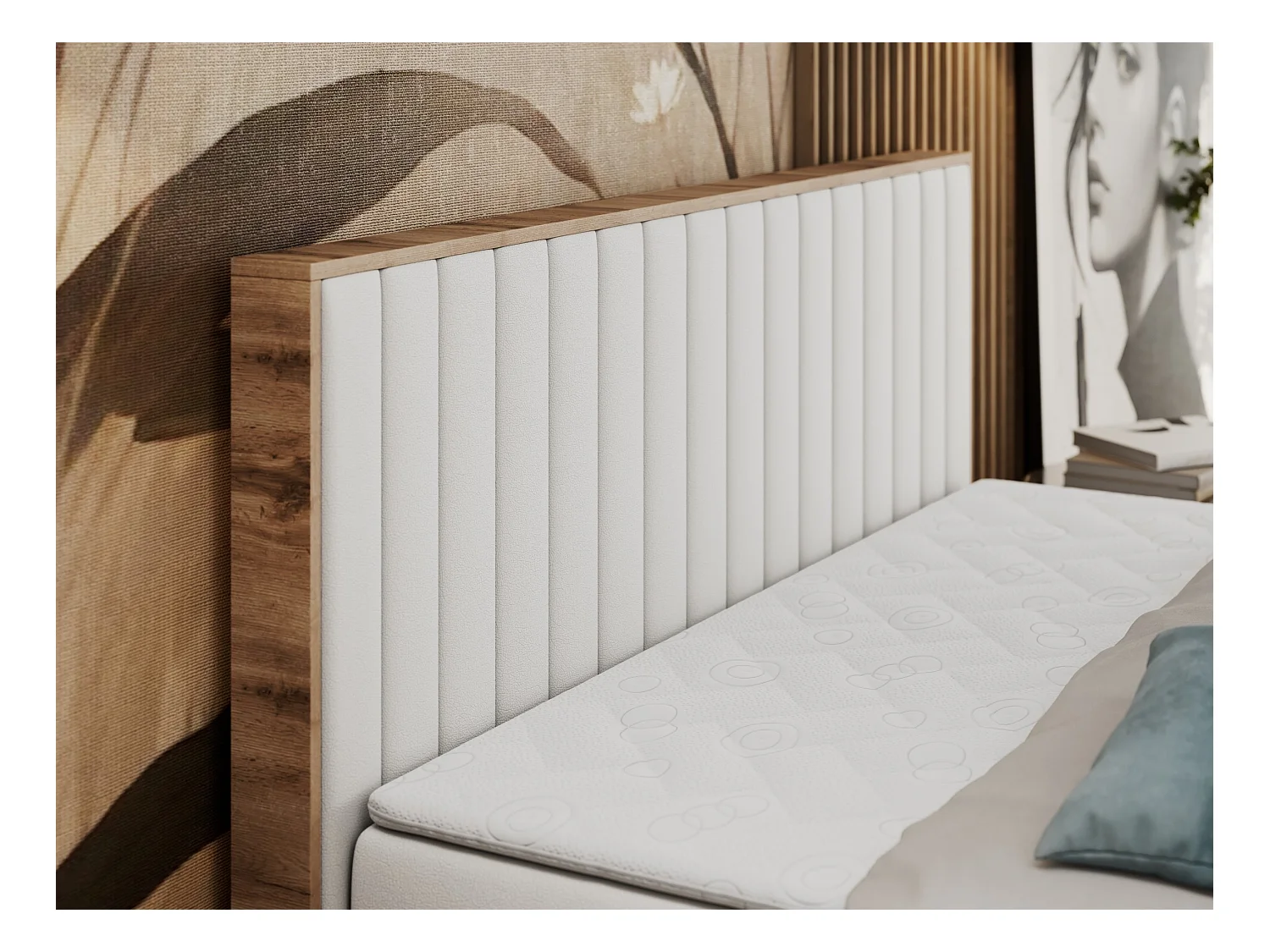 Boxspringbett ALBERO 4, Eiche Wotan Holzrahmen, mit Stauraum, genähtes Kopfteil - 160x200 cm - H4 - Weiß Kunstleder