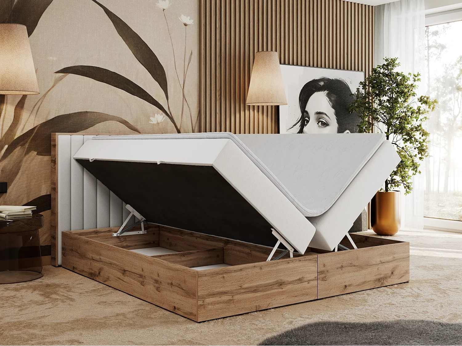 Boxspringbett ALBERO 4, Eiche Wotan Holzrahmen, mit Stauraum, genähtes Kopfteil - 160x200 cm - H4 - Weiß Kunstleder