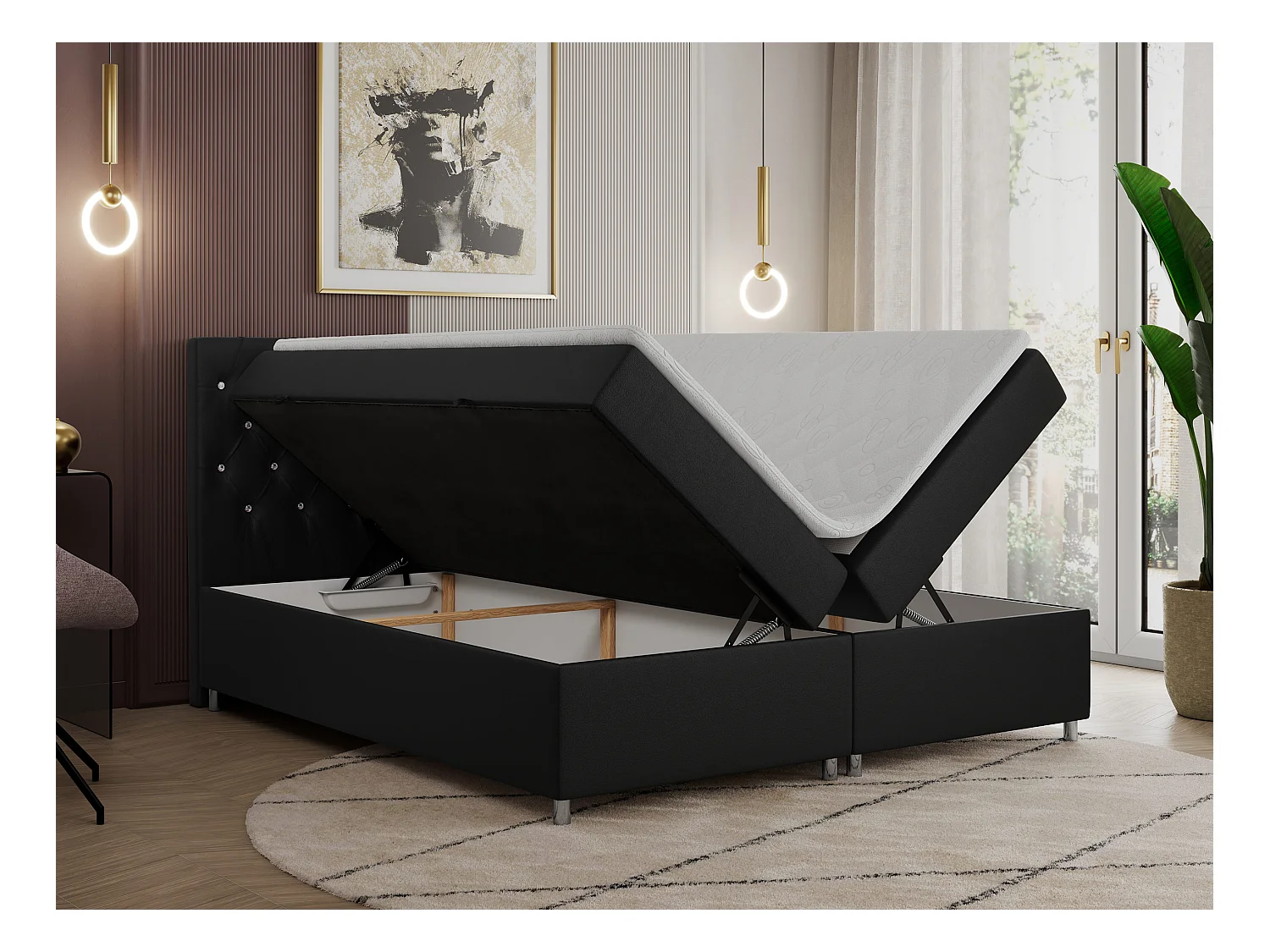 Boxspringbett ROMA mit gestepptem Kopfteil, Multipocket-Matratze, dekorative Füße - 180x200 cm - H3 - Schwarz Kunstleder