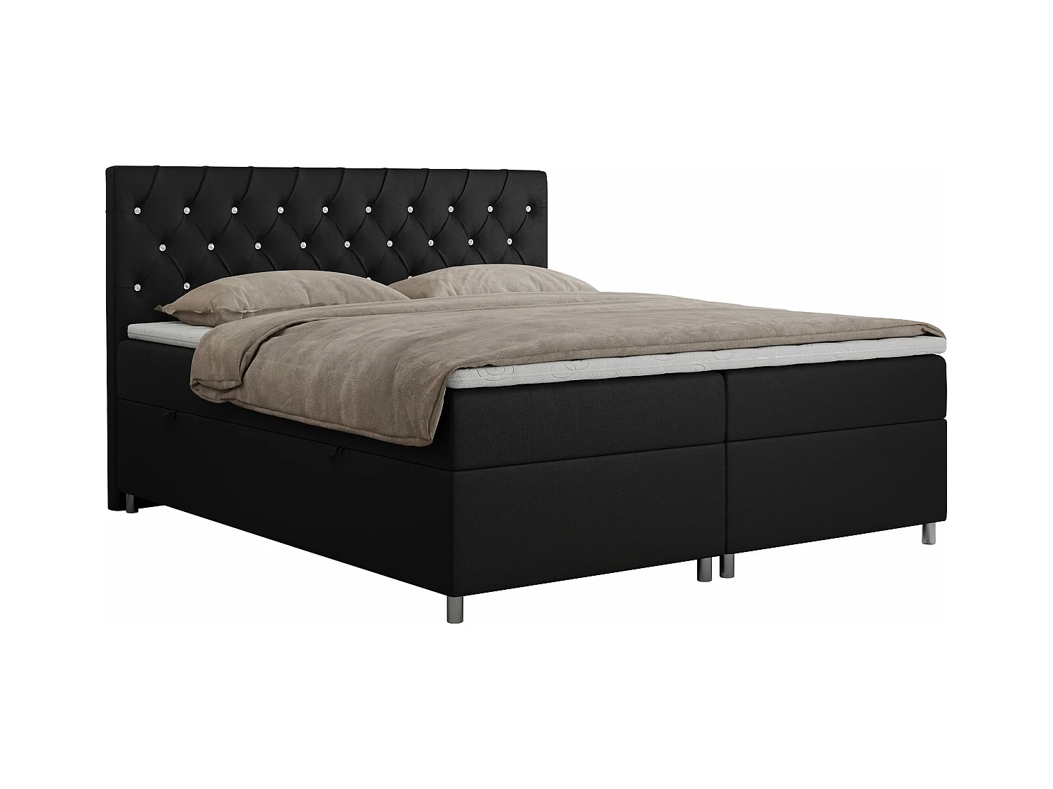 Boxspringbett ROMA mit gestepptem Kopfteil, Multipocket-Matratze, dekorative Füße - 180x200 cm - H3 - Schwarz Kunstleder