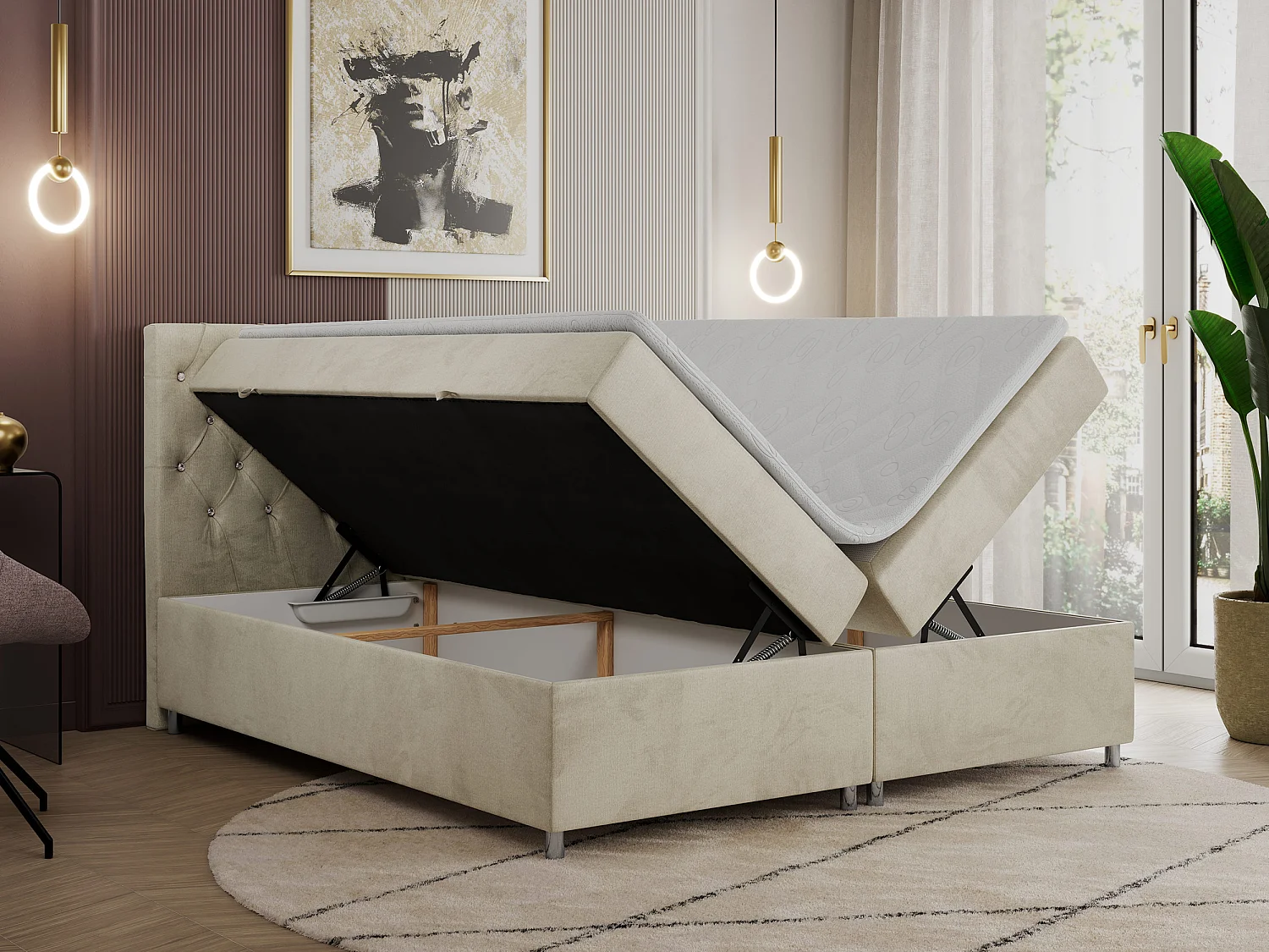 Boxspringbett ROMA mit gestepptem Kopfteil, Multipocket-Matratze, dekorative Füße - 180x200 cm - H3 - Beige Velvet