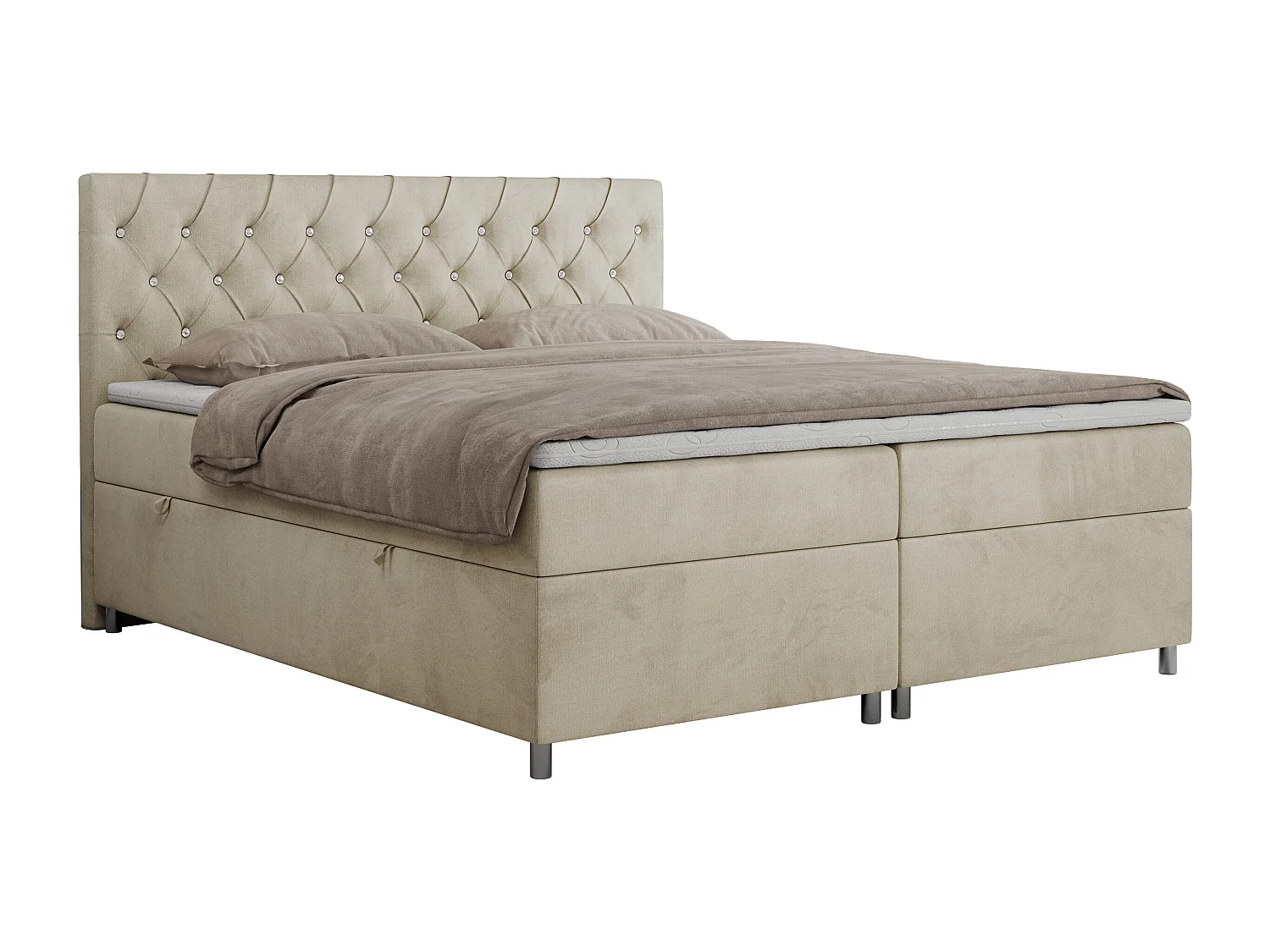 Boxspringbett ROMA mit gestepptem Kopfteil, Multipocket-Matratze, dekorative Füße - 180x200 cm - H3 - Beige Velvet