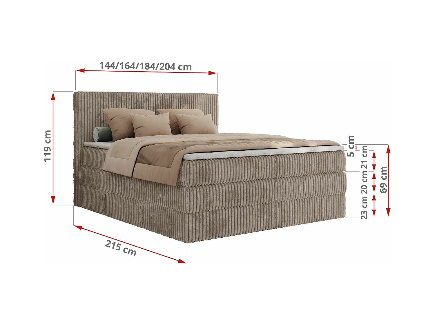 Boxspringbett TILIANO KING, Multipocket-Matratze, Cord Bett, Kopfteil und zwei Bettkästen - 140x200 cm - H3 - Hellbraun Cord