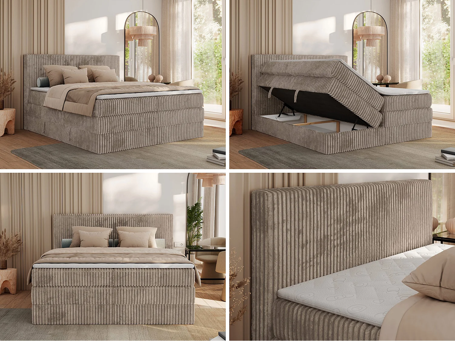 Boxspringbett TILIANO KING, Multipocket-Matratze, Cord Bett, Kopfteil und zwei Bettkästen - 140x200 cm - H3 - Hellbraun Cord