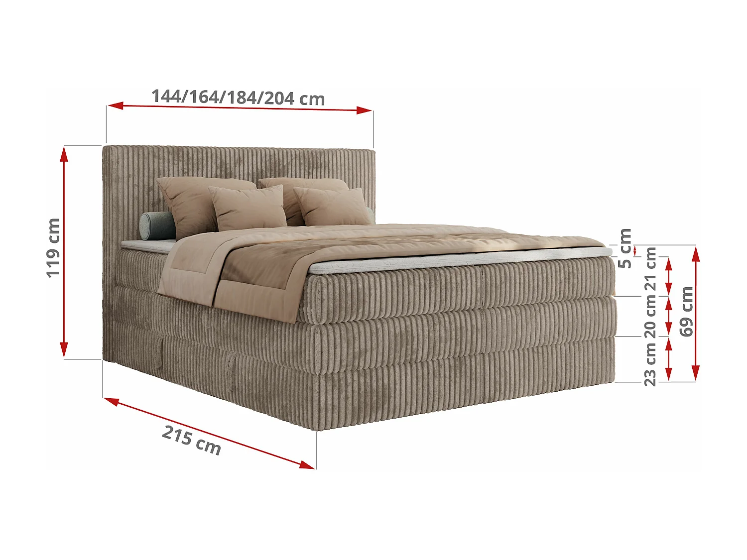 Boxspringbett TILIANO KING, Multipocket-Matratze, Cord Bett, Kopfteil und zwei Bettkästen - 140x200 cm - H3 - Hellbraun Cord