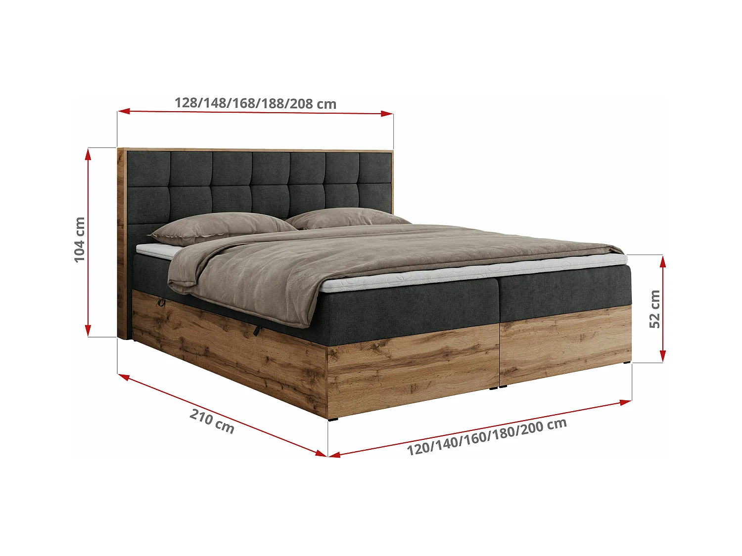 Boxspringbett ALBERO 1, Polsterbett mit gestepptem Kopfteil, Multipocket-Matratze - 180x200 cm - H4 - Dunkelgrau Strukture
