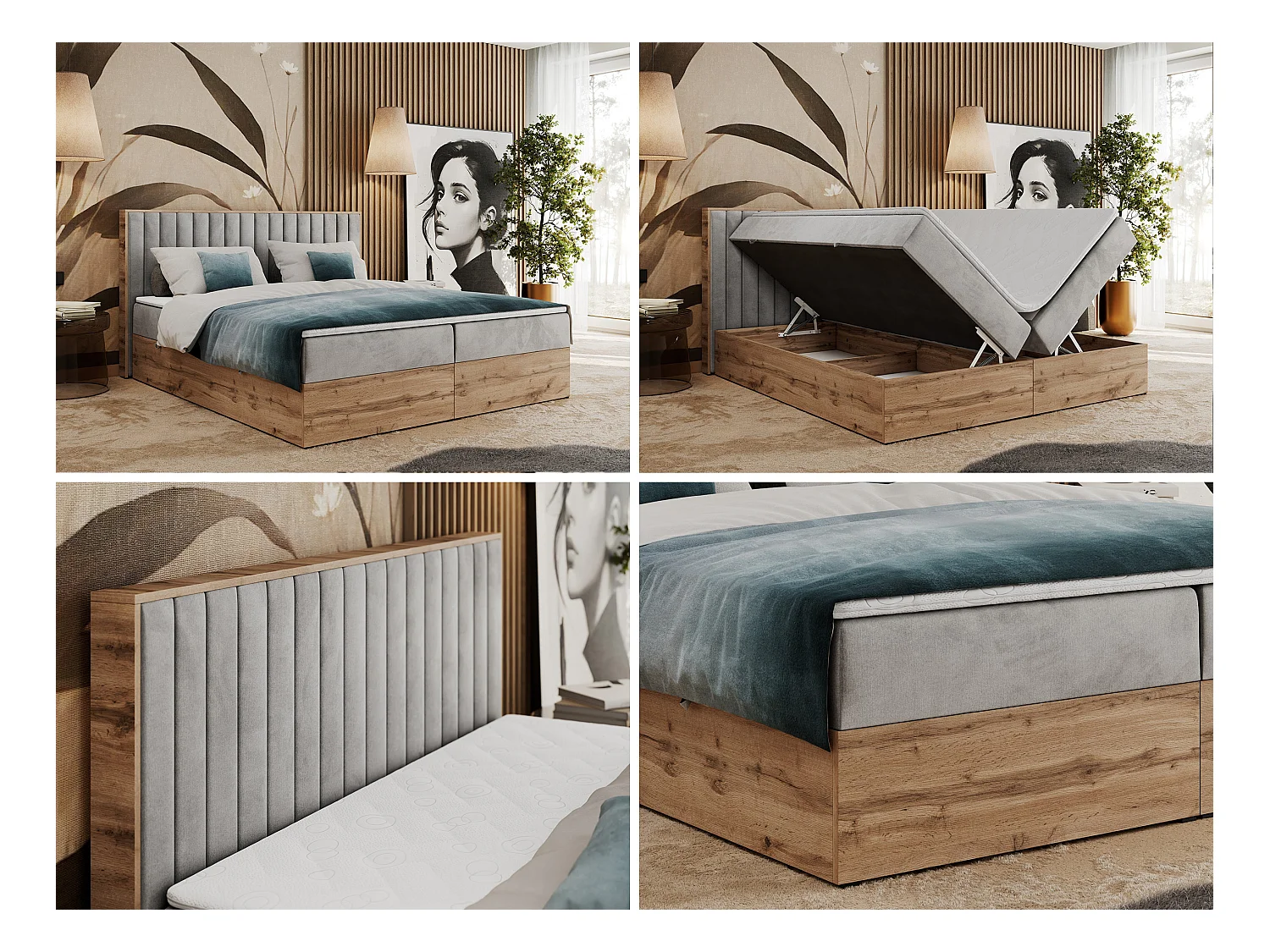 Boxspringbett ALBERO 4, Eiche Wotan Holzrahmen, mit Stauraum, genähtes Kopfteil - 180x200 cm - H4 - Hellgrau Velvet