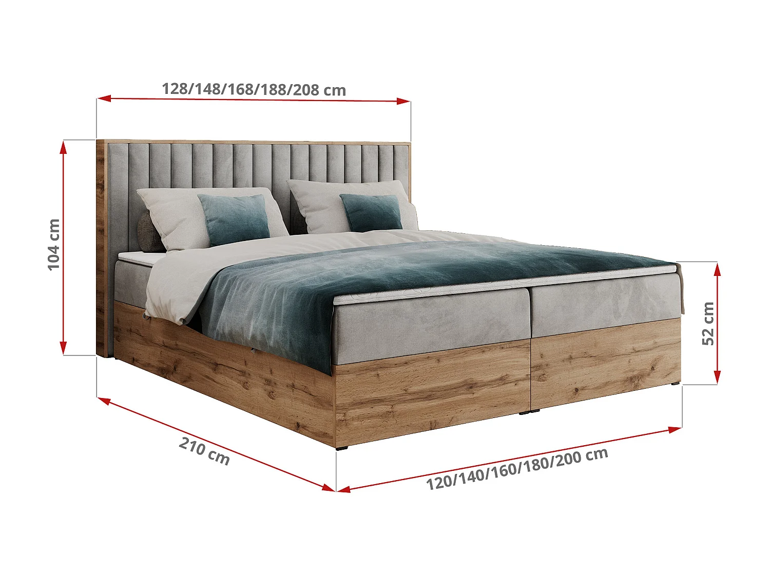 Boxspringbett ALBERO 4, Eiche Wotan Holzrahmen, mit Stauraum, genähtes Kopfteil - 180x200 cm - H4 - Hellgrau Velvet