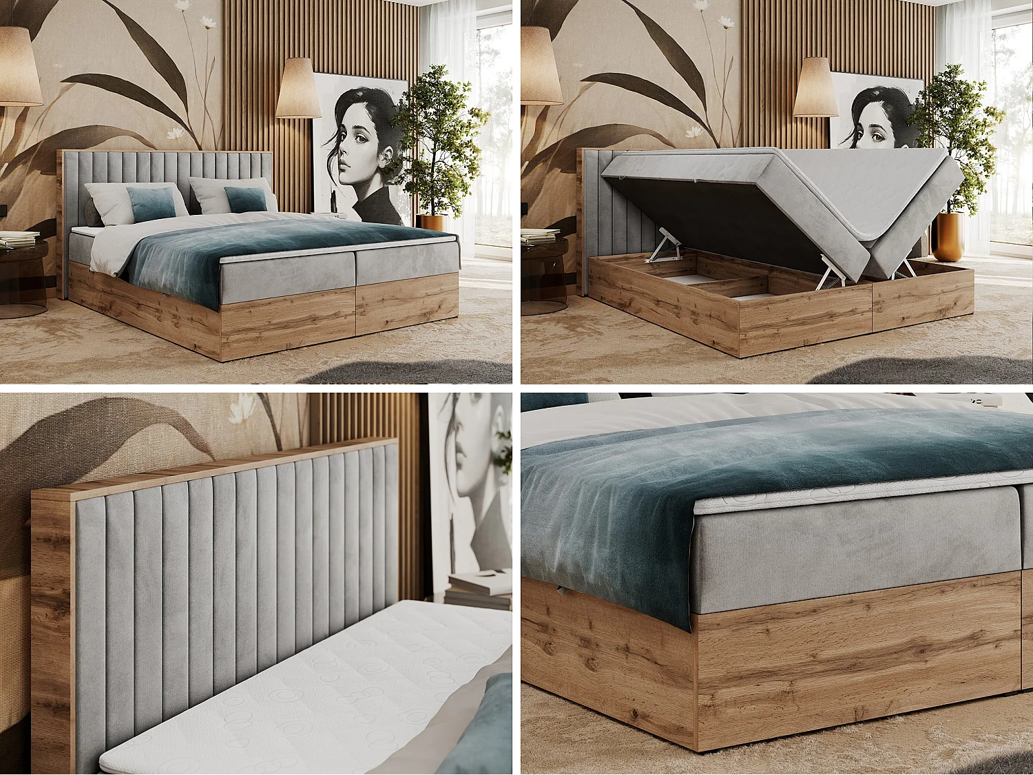 Boxspringbett ALBERO 4, Eiche Wotan Holzrahmen, mit Stauraum, genähtes Kopfteil - 180x200 cm - H4 - Hellgrau Velvet