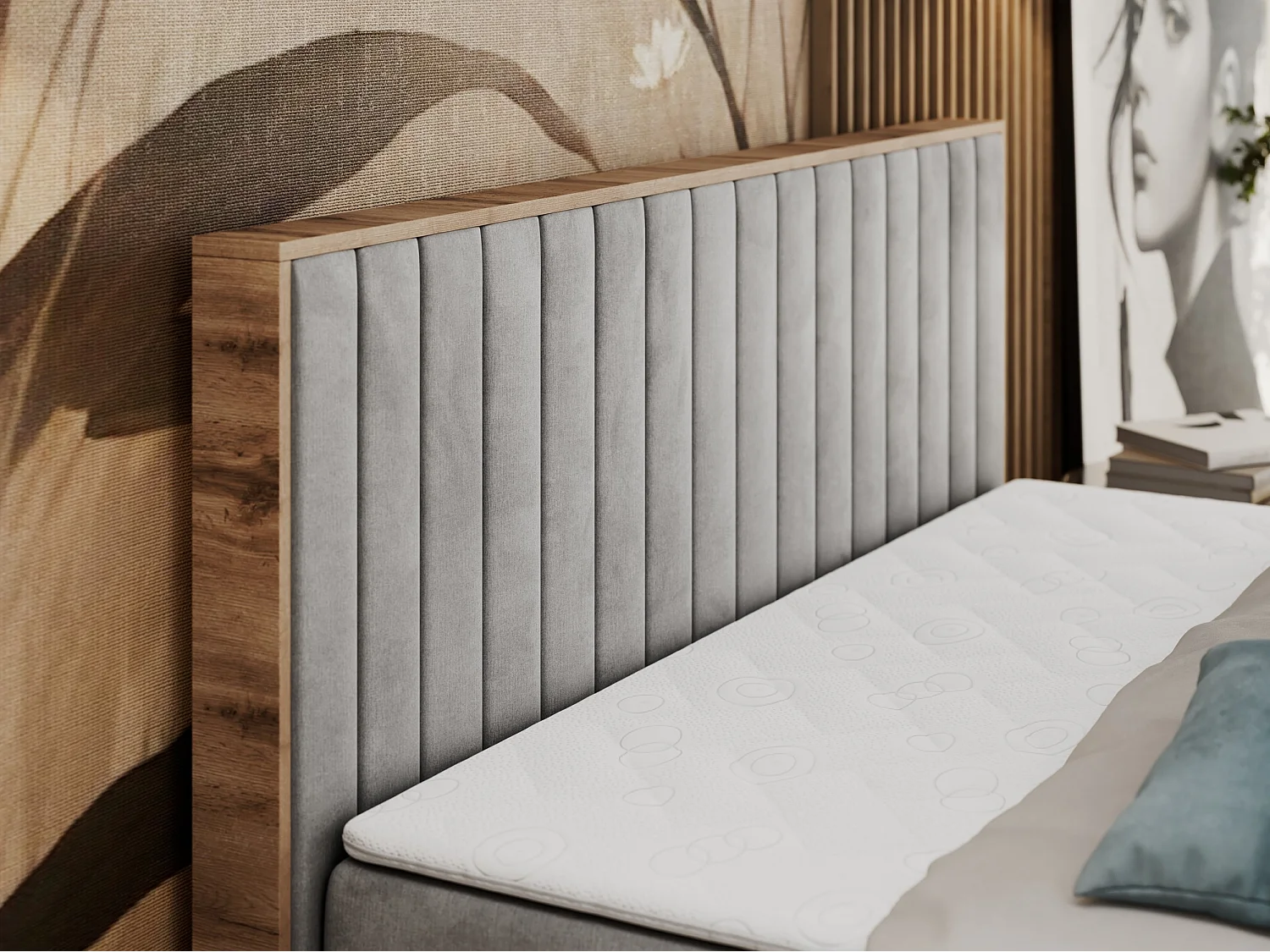 Boxspringbett ALBERO 4, Eiche Wotan Holzrahmen, mit Stauraum, genähtes Kopfteil - 180x200 cm - H4 - Hellgrau Velvet