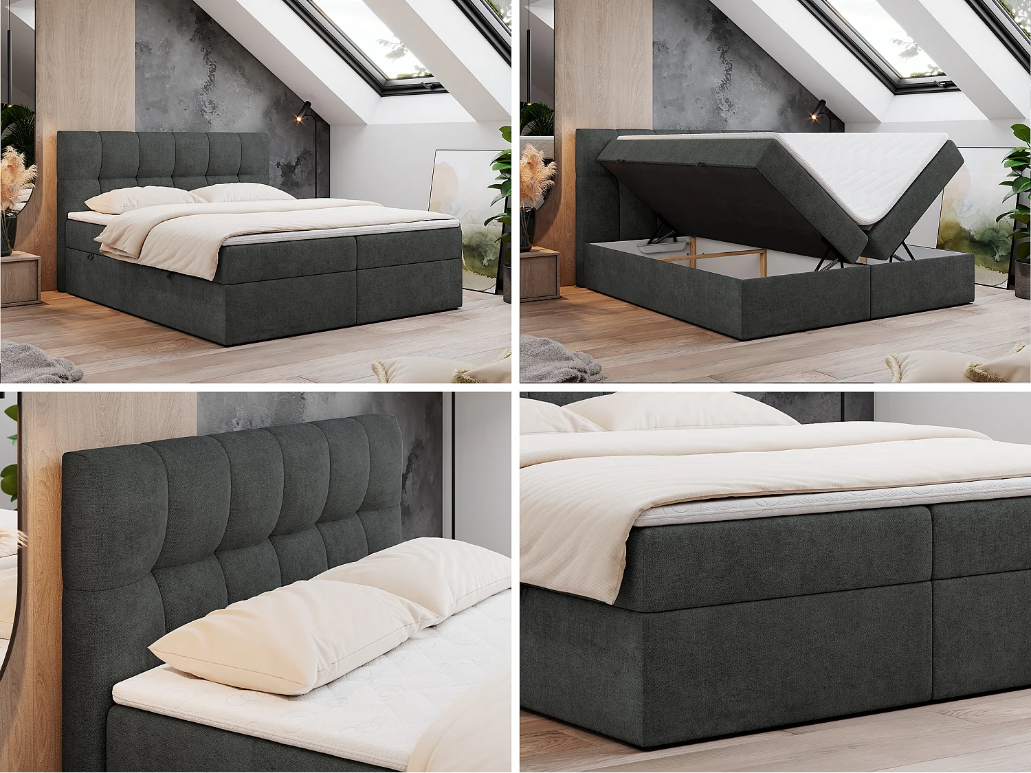 Boxspringbed met hoofdbord H3 + Topper T25 - Donkergrijs Structuurstof - 200x200 - RICO