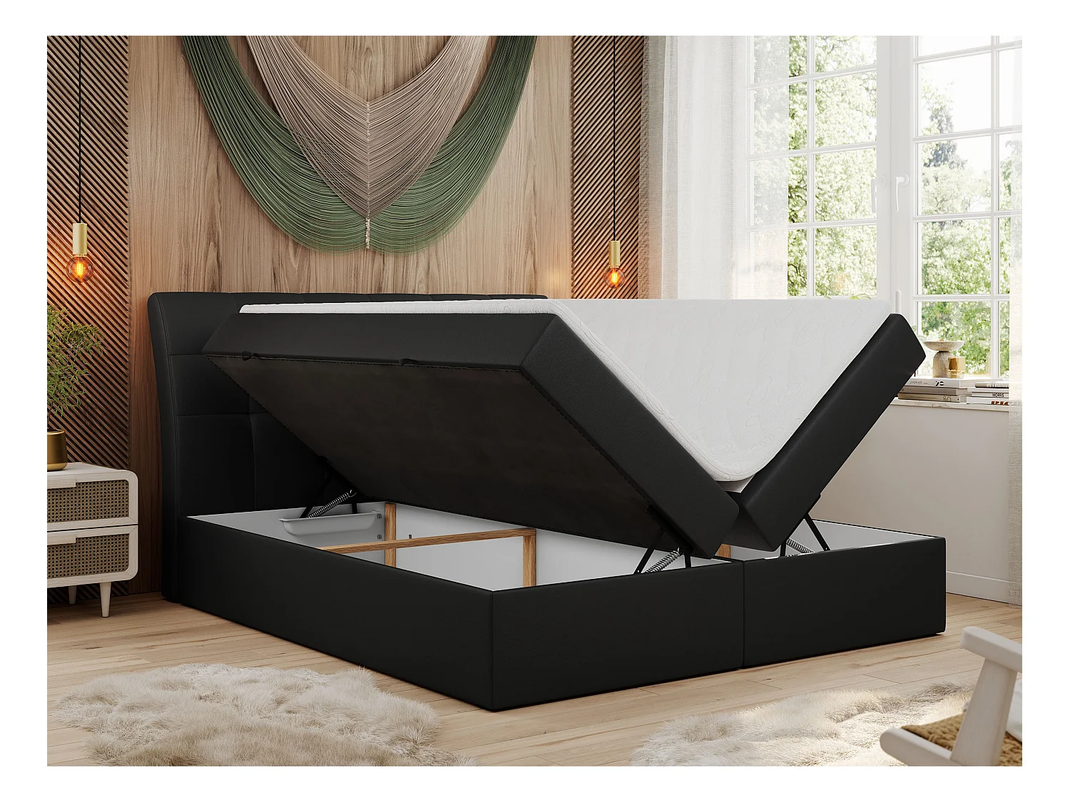 Boxspringbett DIEGOS mit Stauraum, gestepptem Kopfteil, Multipocket-Matratze - 120x200 cm - H4 - Schwarz Kunstleder