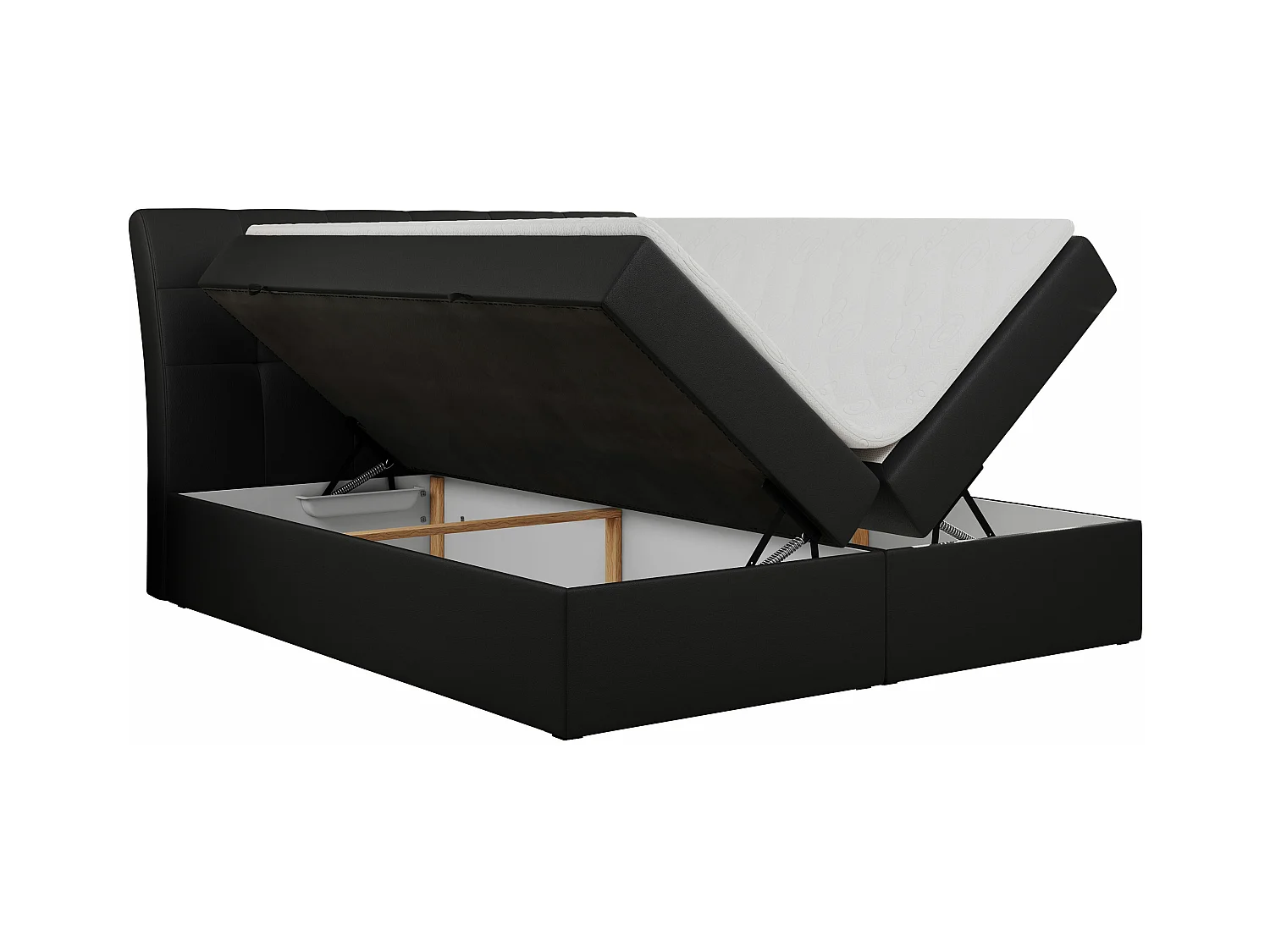 Boxspringbett DIEGOS mit Stauraum, gestepptem Kopfteil, Multipocket-Matratze - 120x200 cm - H4 - Schwarz Kunstleder