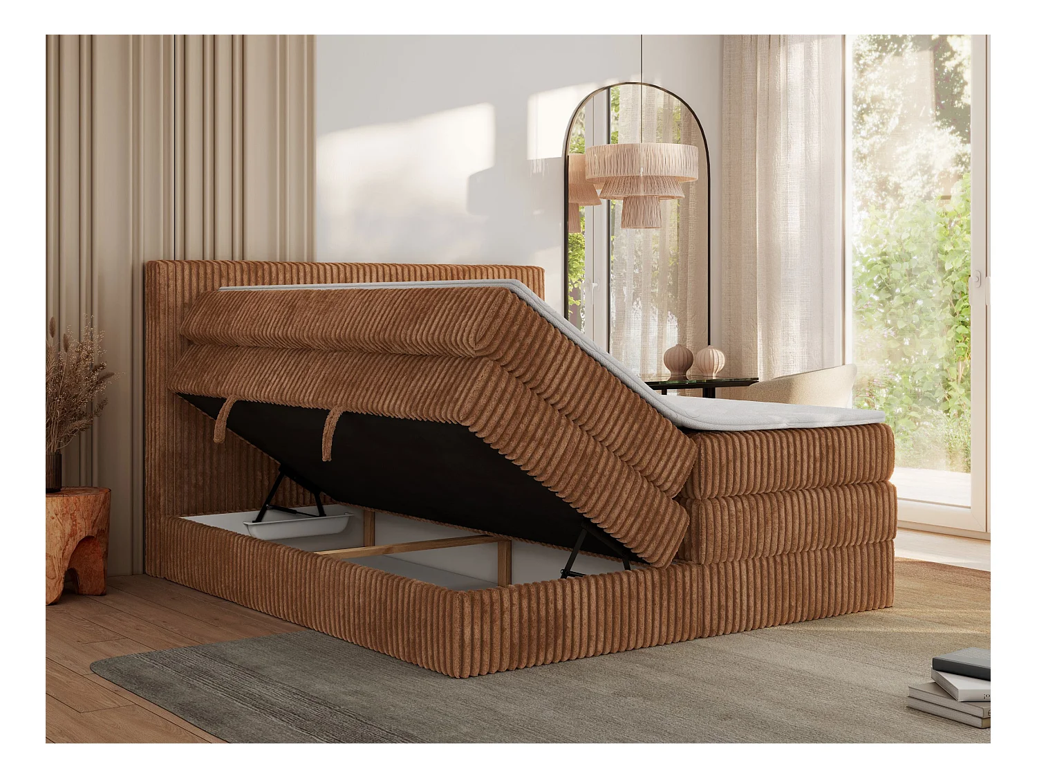 Boxspringbett TILIANO KING, Multipocket-Matratze, Cord Bett, Kopfteil und zwei Bettkästen - 180x200 cm - H4 - Orange Cord