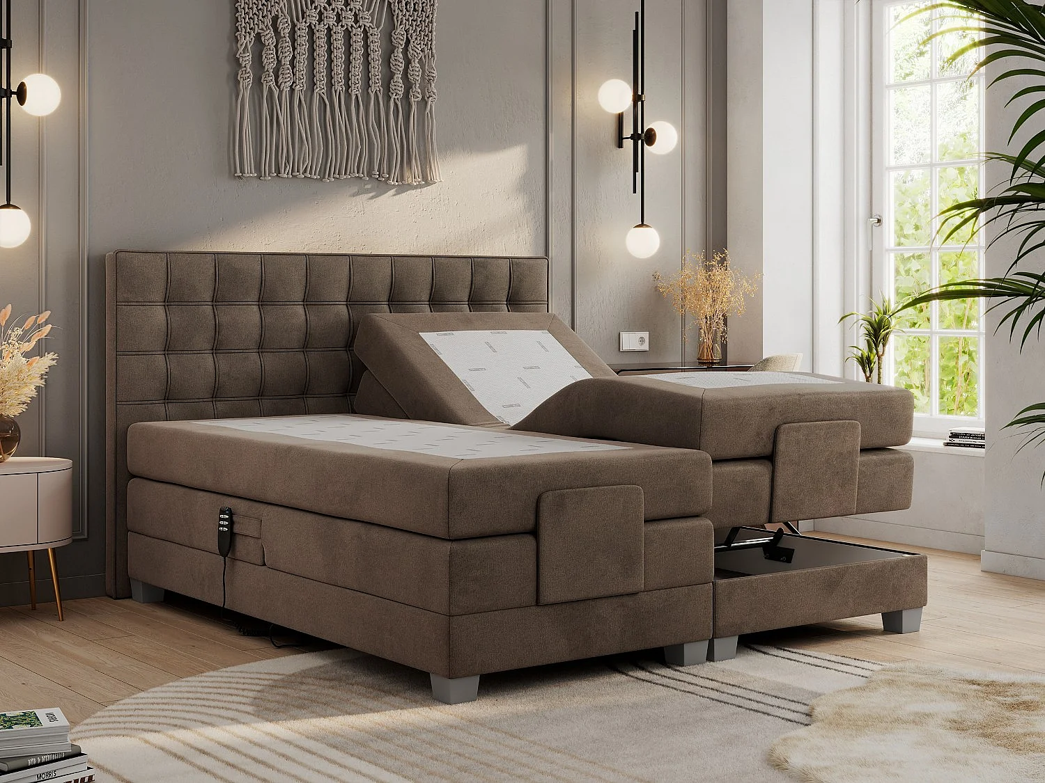 Boxspringbett ELEKTRO mit Multipocket-Matratze, Elektrisch verstellbare, genähtes Kopfteil - 180x200 cm - H3 - Braun Velvet