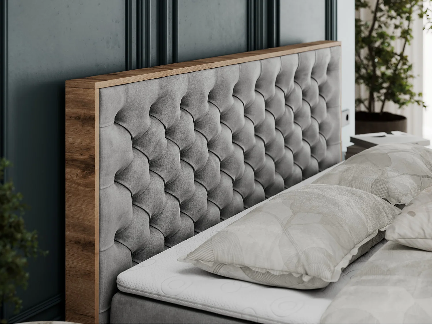 Boxspringbett ALBERO 3 - gesteppte Kopfstütze, Eiche Wotan Holzrahmen, Stauraum - 120x200 cm - H3 - Hellgrau Velvet