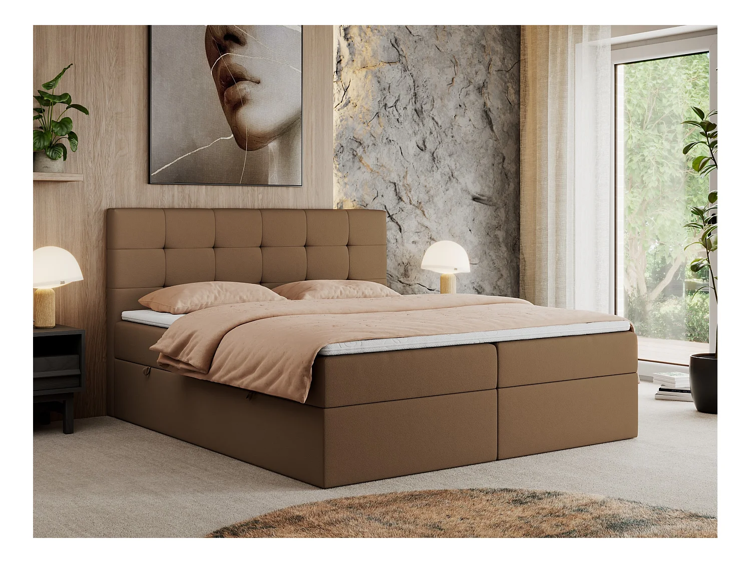 Boxspringbett CENTOS mit gestepptem Kopfteil, Multipocket-Matratze, Doppelbett mit Stauraum - 160x200 cm - H4 - Braun Kunstleder