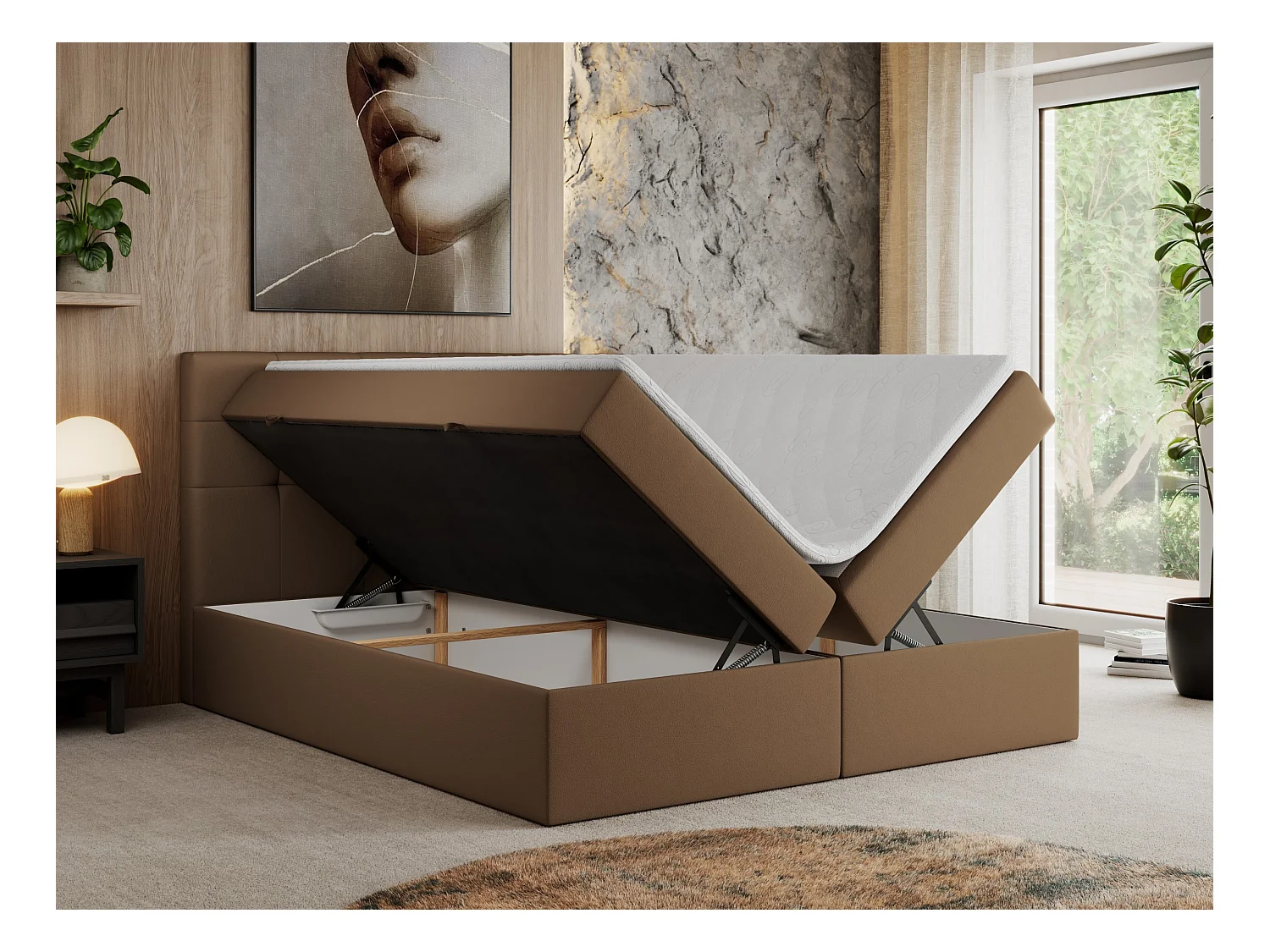 Boxspringbett CENTOS mit gestepptem Kopfteil, Multipocket-Matratze, Doppelbett mit Stauraum - 160x200 cm - H4 - Braun Kunstleder
