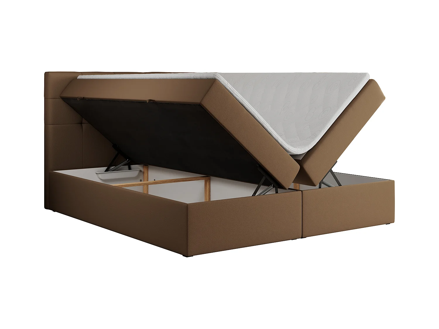 Boxspringbett CENTOS mit gestepptem Kopfteil, Multipocket-Matratze, Doppelbett mit Stauraum - 160x200 cm - H4 - Braun Kunstleder
