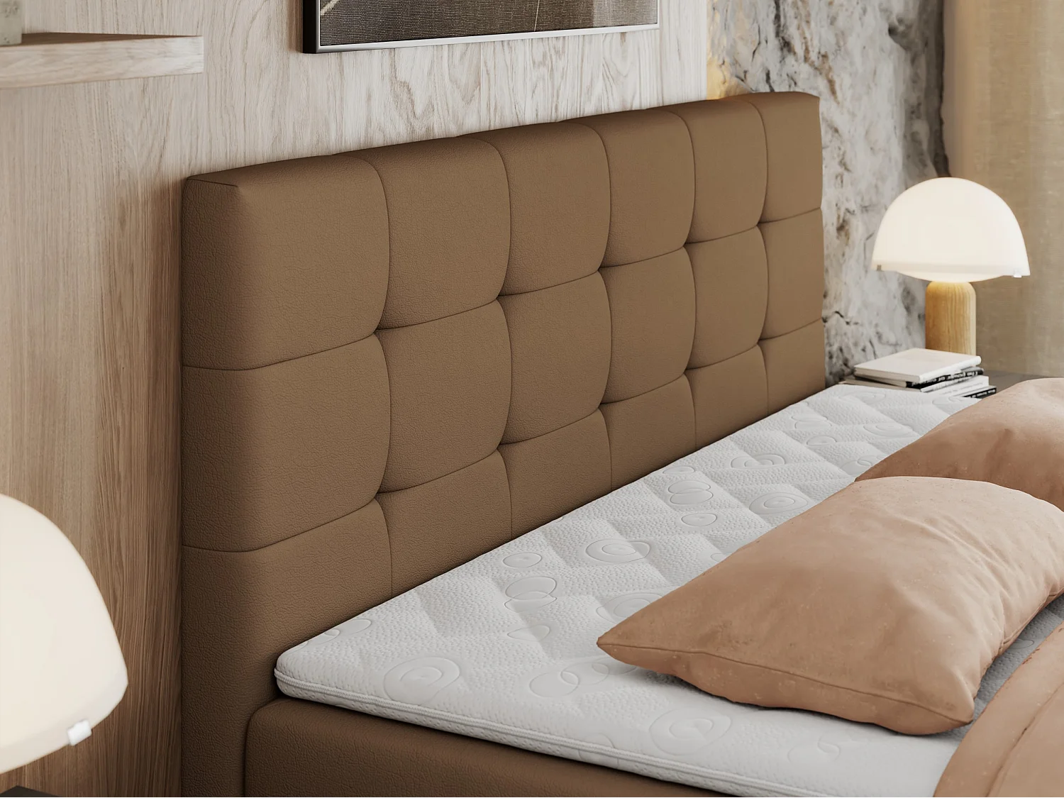 Boxspringbett CENTOS mit gestepptem Kopfteil, Multipocket-Matratze, Doppelbett mit Stauraum - 160x200 cm - H4 - Braun Kunstleder