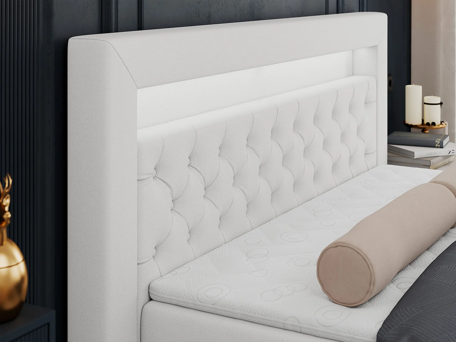 Boxspringbett GOLD 6, Doppelbett mit Stauraum, LED-Beleuchtung, gesteppte Kopfstütze - 120x200 cm - H4 - Weiß Kunstleder