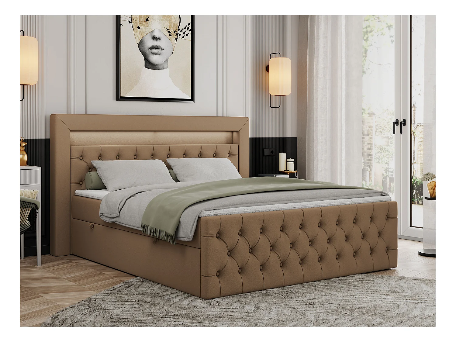 Boxspringbett GOLD 9 mit Stauraum, Multipocket-Matratze, gestepptes Bett, LED Beleuchtung - 180x200 cm - H3 - Braun Kunstleder