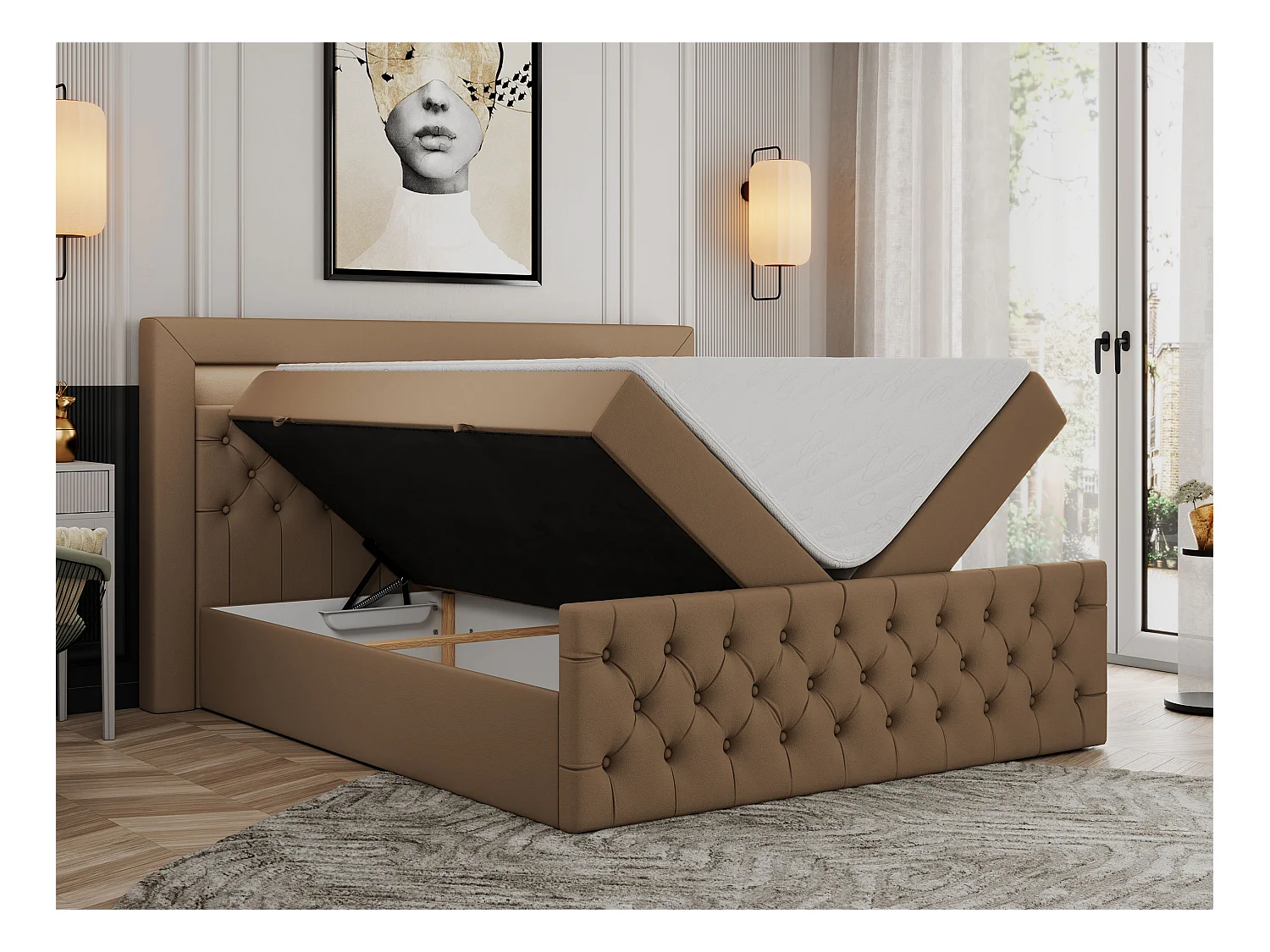 Boxspringbett GOLD 9 mit Stauraum, Multipocket-Matratze, gestepptes Bett, LED Beleuchtung - 180x200 cm - H3 - Braun Kunstleder