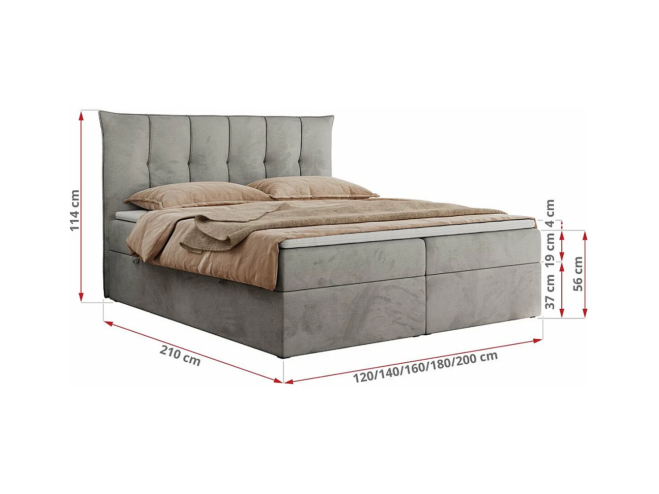 Boxspringbett PREMIUM 10 mit Multipocket-Matratze, gesteppte Kopfstütze, zwei Bettkästen - 180x200 cm - H3 - Hellgrau Velvet