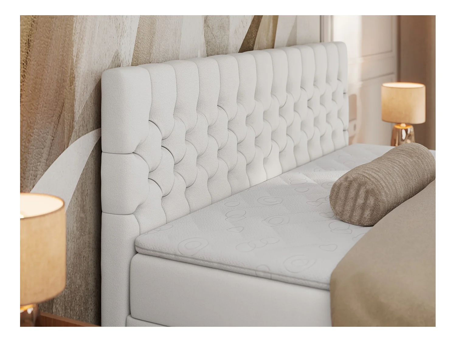 Boxspringbett GRIMALDI mit zwei Bettkästen, gesteppter Kopfstütze, Metallfüßen - 160x200 cm - H4 - Weiß Kunstleder