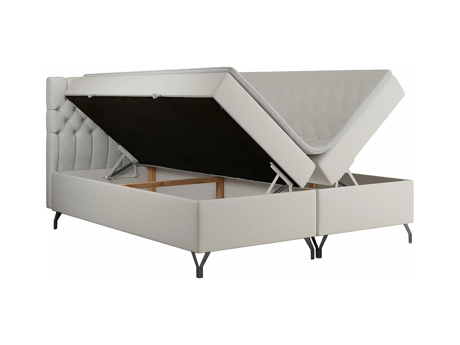 Boxspringbett GRIMALDI mit zwei Bettkästen, gesteppter Kopfstütze, Metallfüßen - 160x200 cm - H4 - Weiß Kunstleder