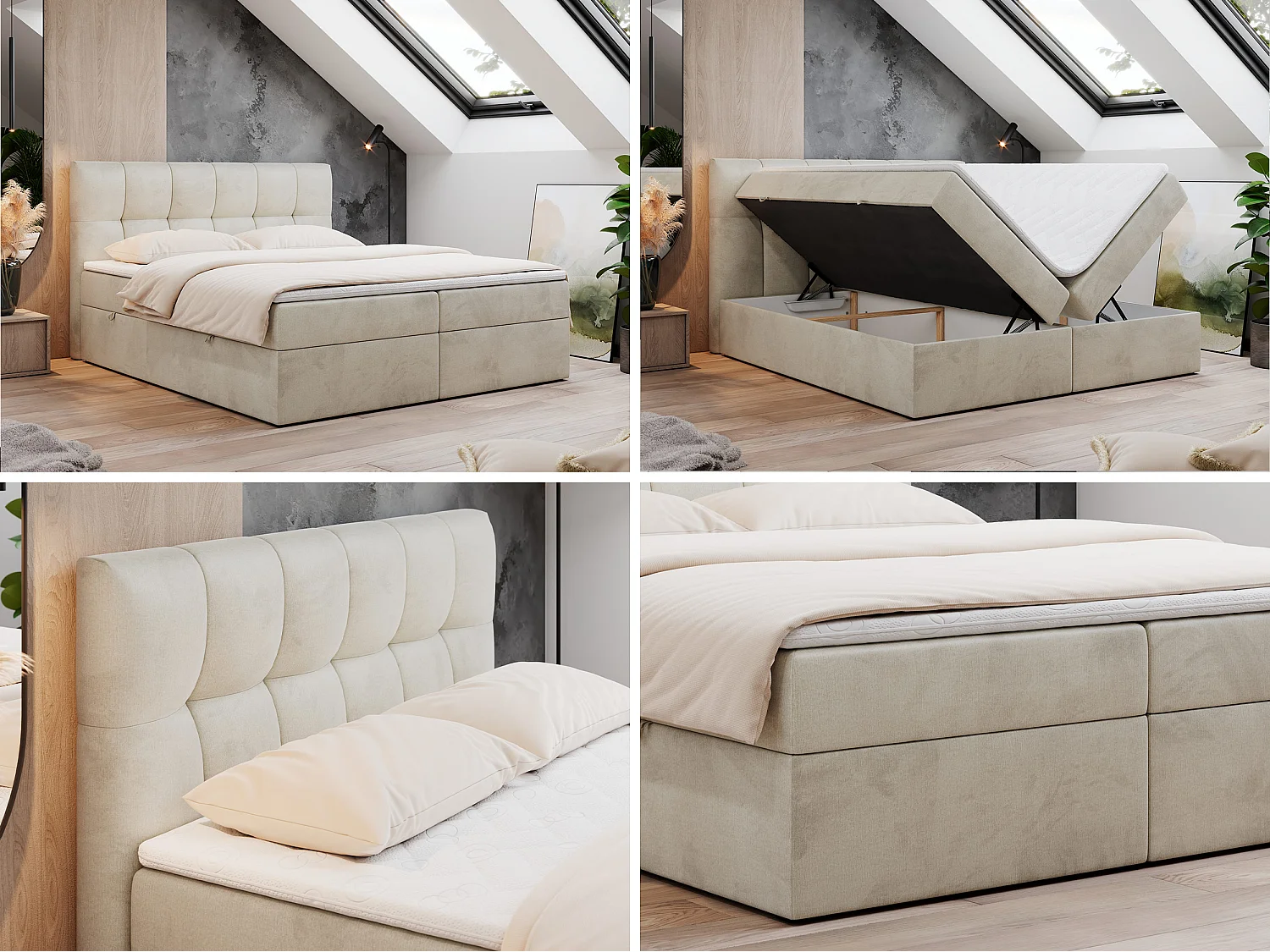 Boxspringbed met hoofdbord H3 + Topper T25 - Beige Fluweel - 160x200 - RICO